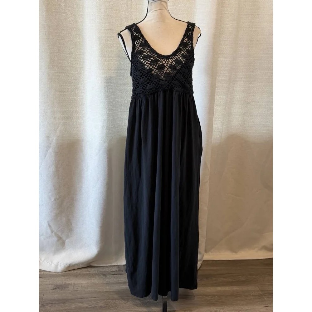 Aerie Crochet Bodice Maxi Dress Women Large Black Boho Cotton Cottagecore Beach